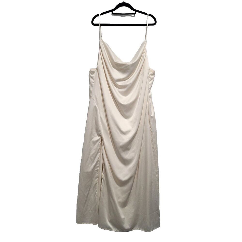 Satin Slinky Drape Slip Maxi Dress 3X Cream Finesse Leg Slit Bride honeymoon